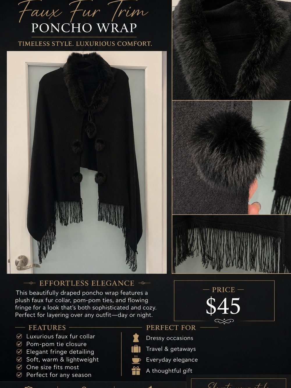 Black Faux Fur Trim Poncho Wrap - Women Sweater